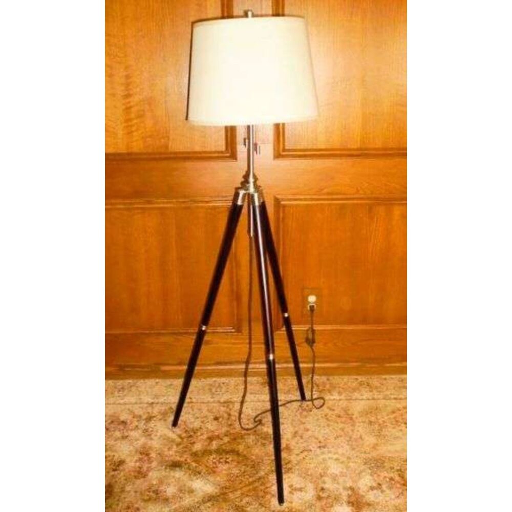 MCM style Surveyor Tripod Floor Lamp with ebony wood legs and silver metal